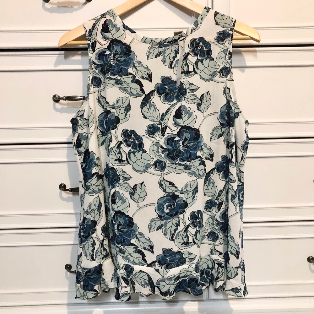 LOFT Women’s Ann Taylor Sleeveless Floral White Blue Blouse Top Tie Back NWT L